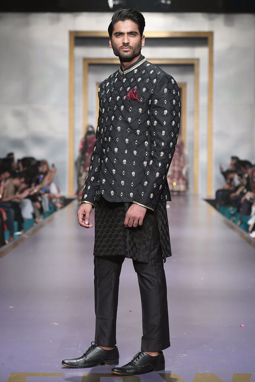 Black Hand-Embroidered Raw Silk Prince Coat (3-Piece) - Image 2