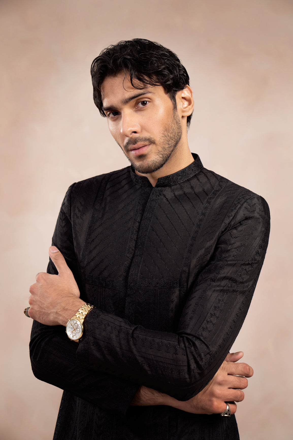 Black Embroidered Raw Silk Prince Coat (2-Piece) - Image 3