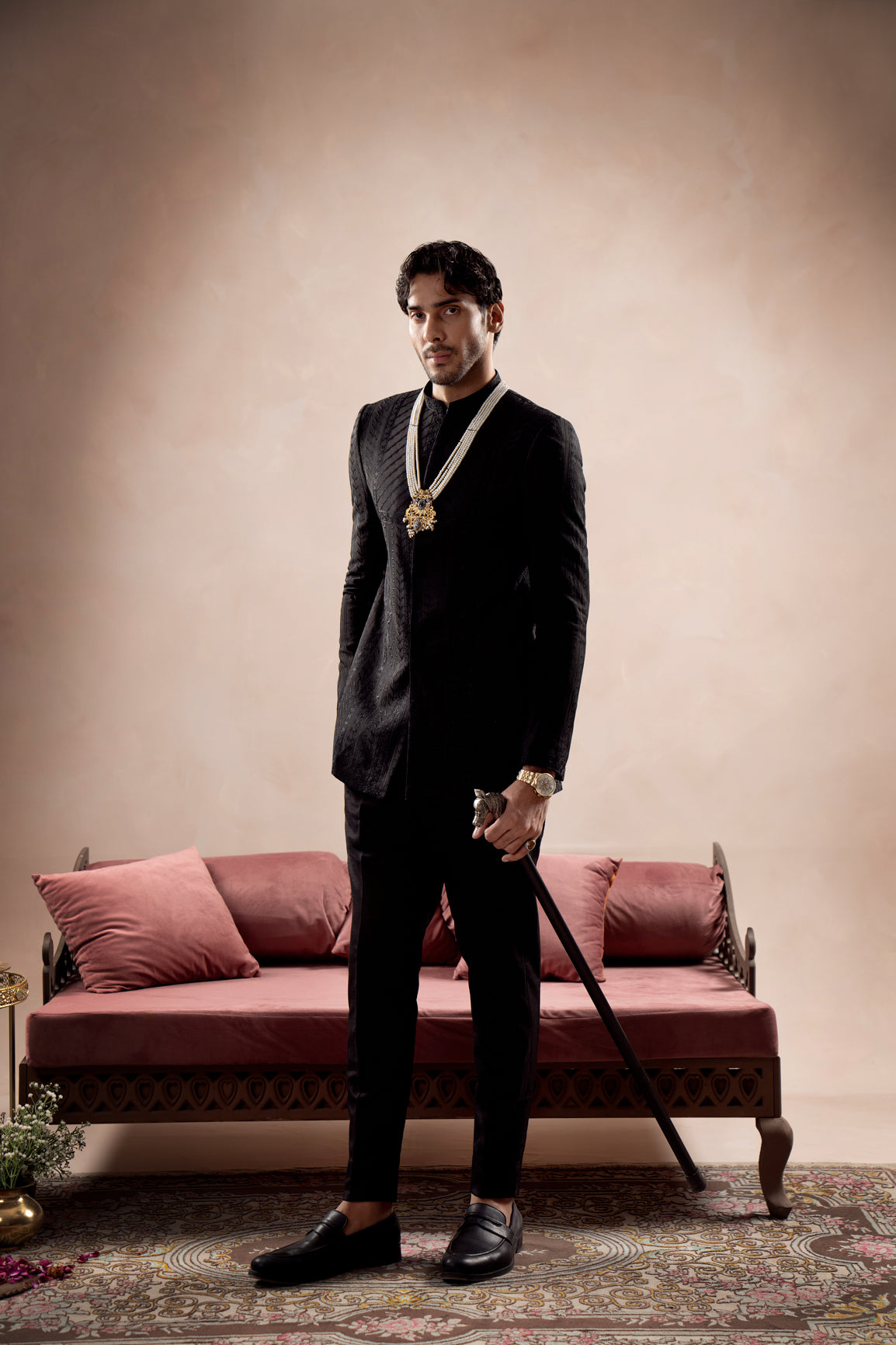 Black Embroidered Raw Silk Prince Coat (2-Piece) - Image 5