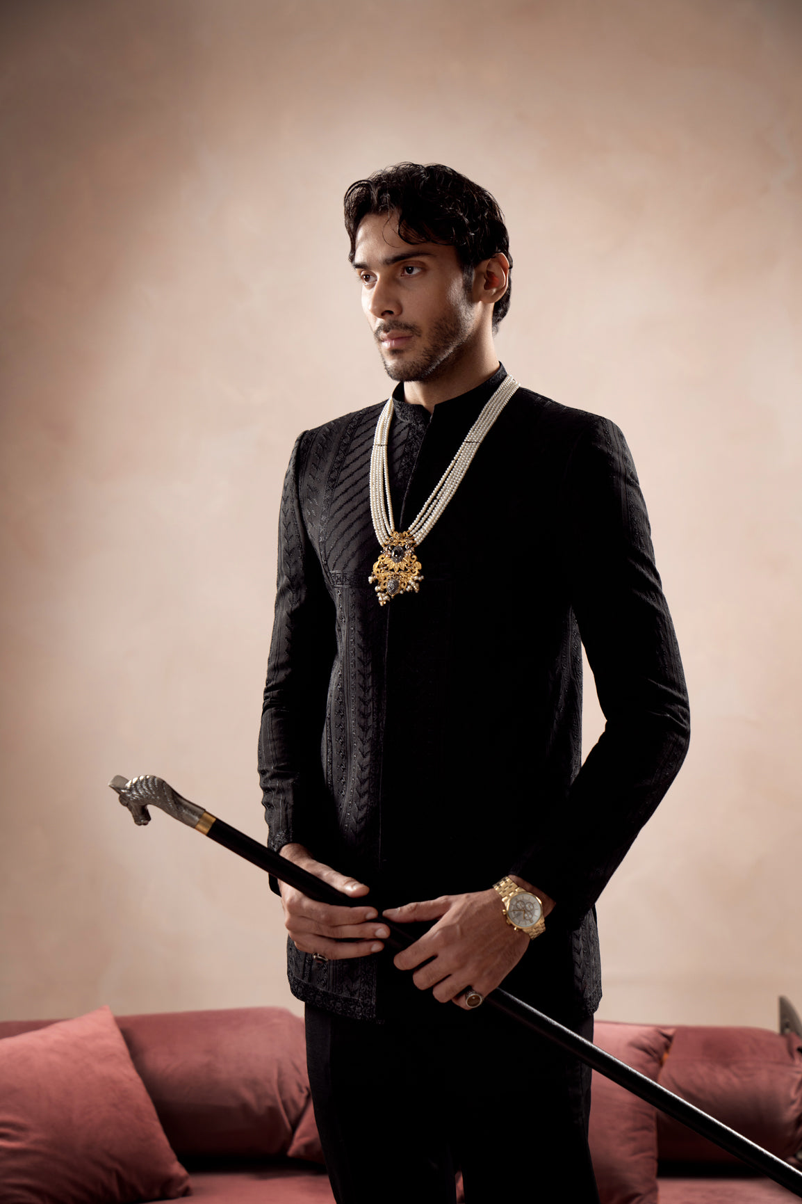 Black Embroidered Raw Silk Prince Coat (2-Piece) - Image 6