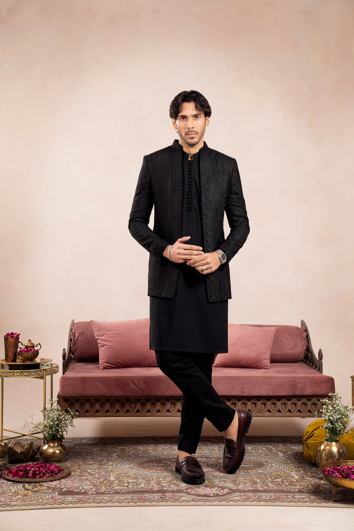 Black Cross-Stitch Raw Silk Prince Coat (2-Piece) - Image 3