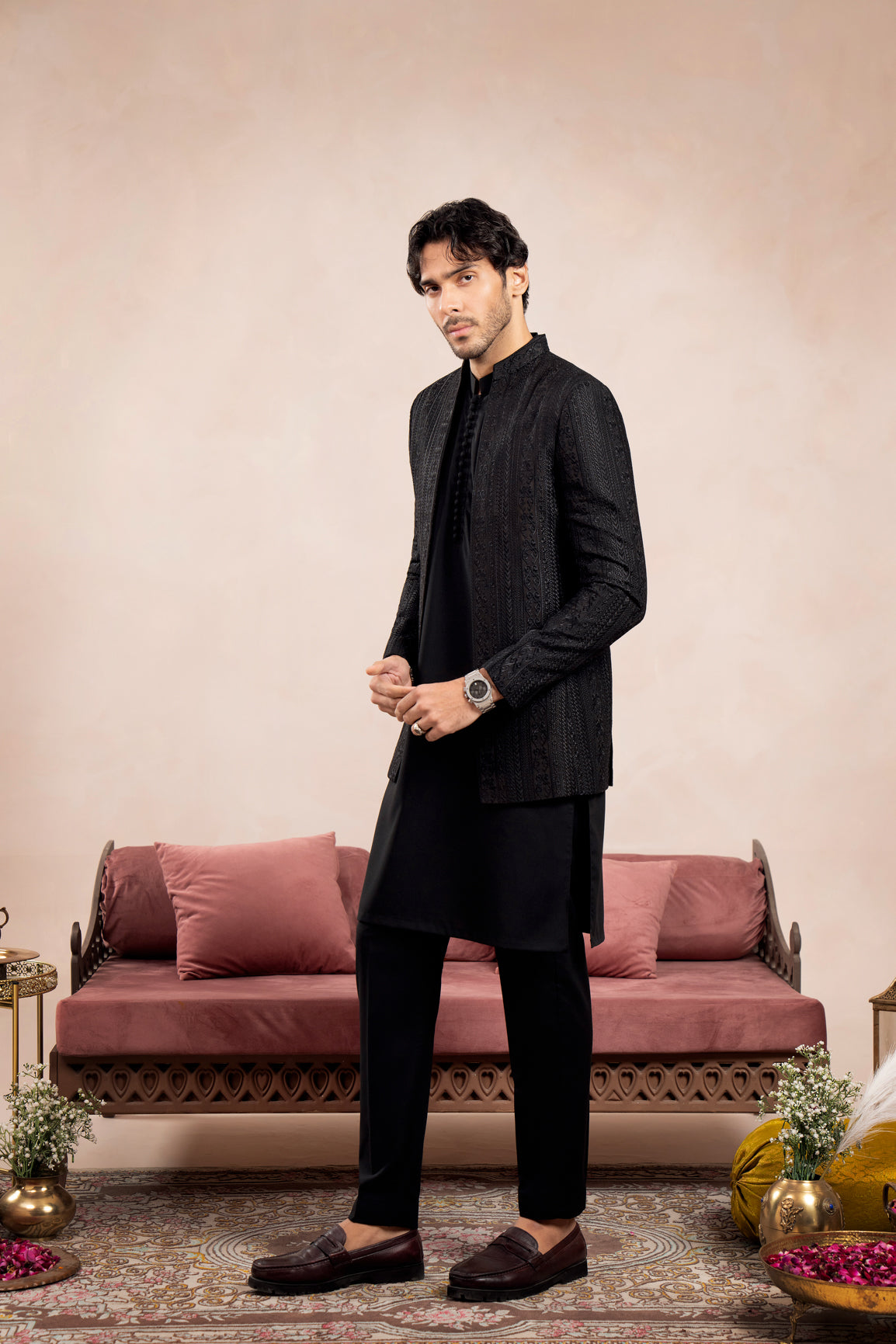 Black Cross-Stitch Raw Silk Prince Coat (2-Piece) - Image 4