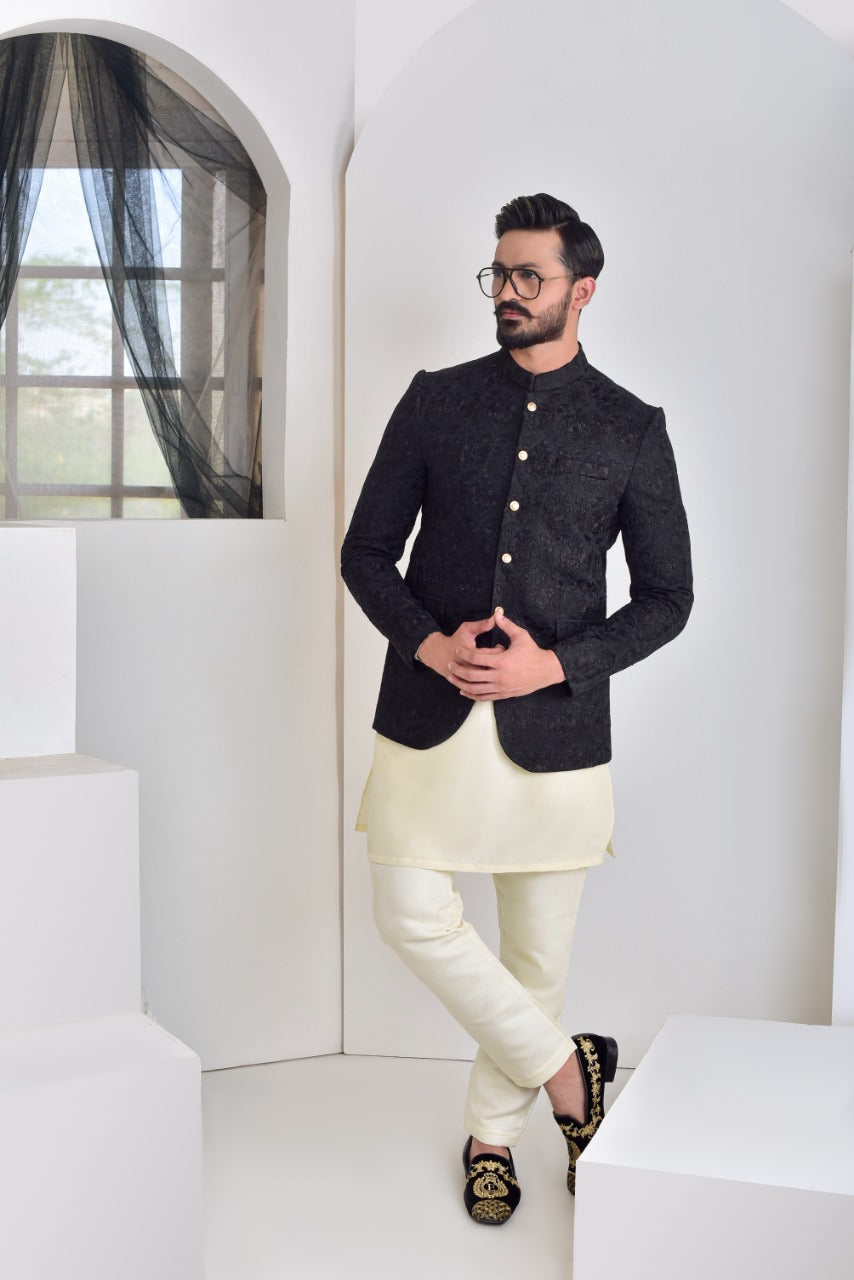 Black Self-Embroidered Raw Silk Prince Coat (1-Pc) - Image 1