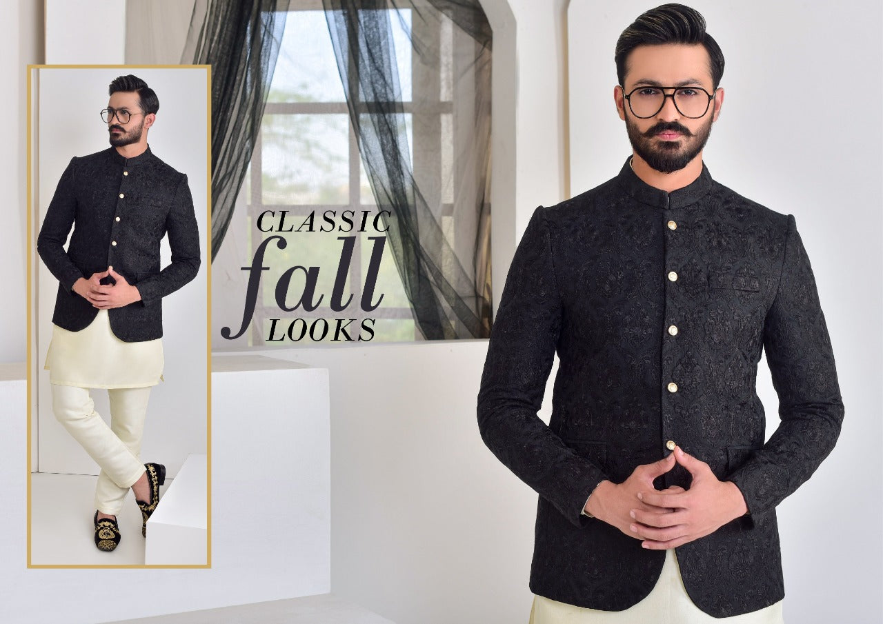 Black Self-Embroidered Raw Silk Prince Coat (1-Pc) - Image 3