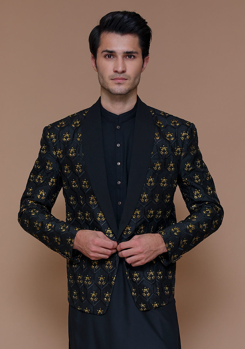Black Gold Motif Raw Silk Prince Coat (1-Pc) - Image 1