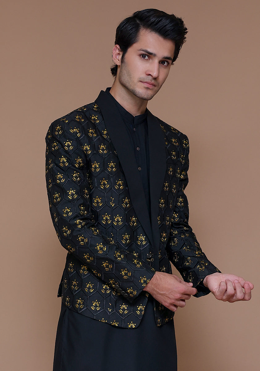Black Gold Motif Raw Silk Prince Coat (1-Pc) - Image 2