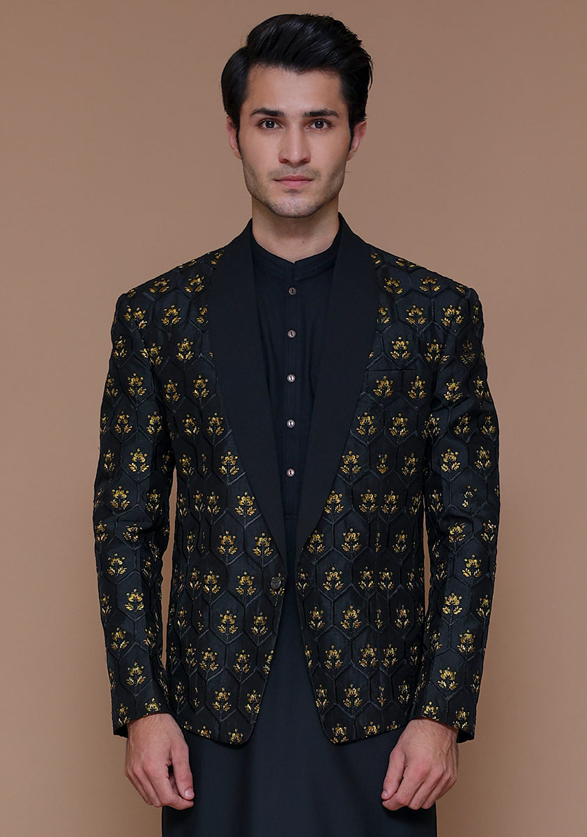 Black Gold Motif Raw Silk Prince Coat (1-Pc) - Image 3