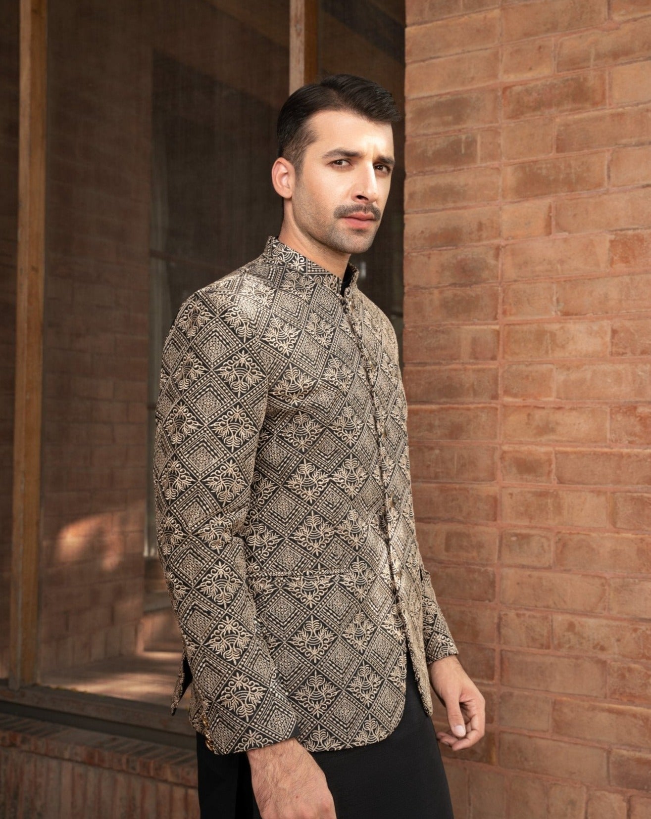 Black Gold Embroidered Raw Silk Prince Coat (3-Piece) - Image 1