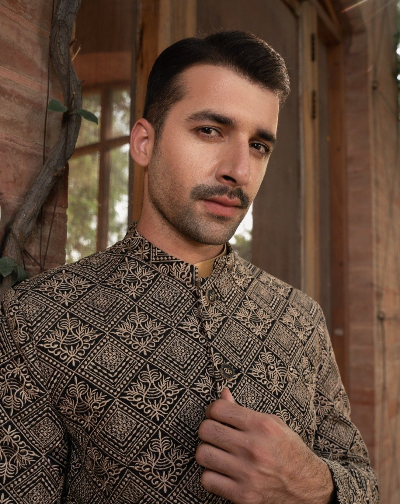 Black Gold Embroidered Raw Silk Prince Coat (3-Piece) - Image 2