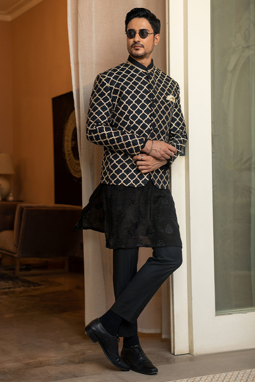 Black Gold Embroidered Raw Silk Prince Coat (3-Piece) - Image 1