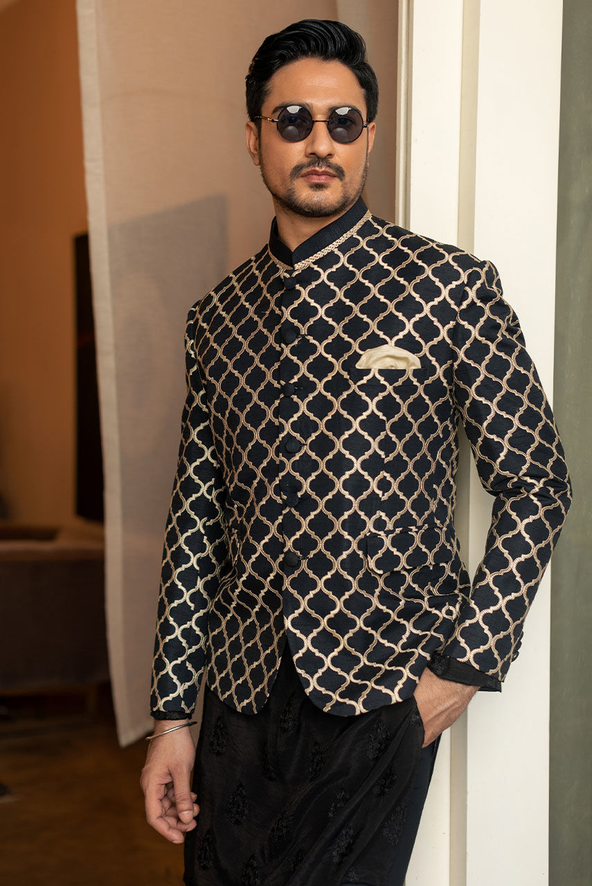 Black Gold Embroidered Raw Silk Prince Coat (3-Piece) - Image 2