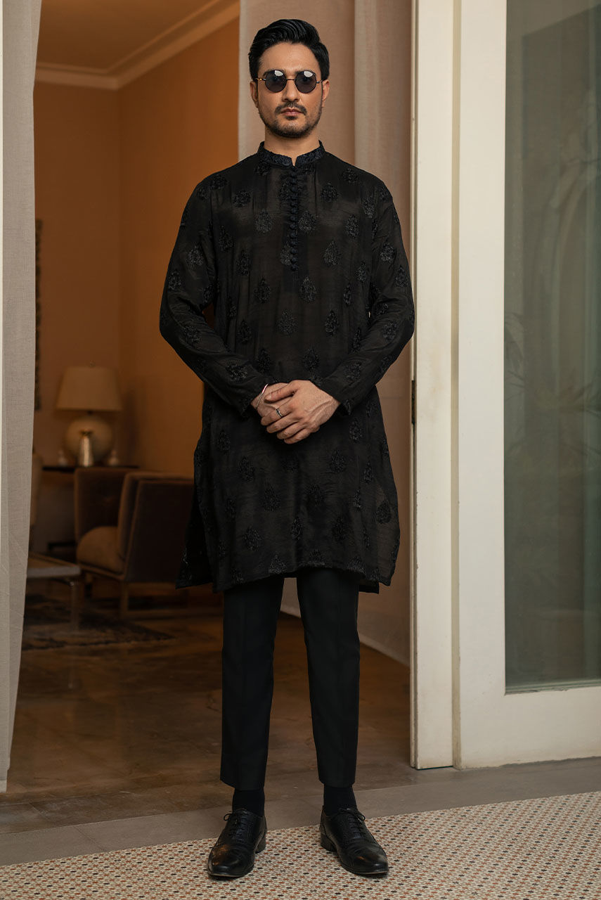 Black Gold Embroidered Raw Silk Prince Coat (3-Piece) - Image 4