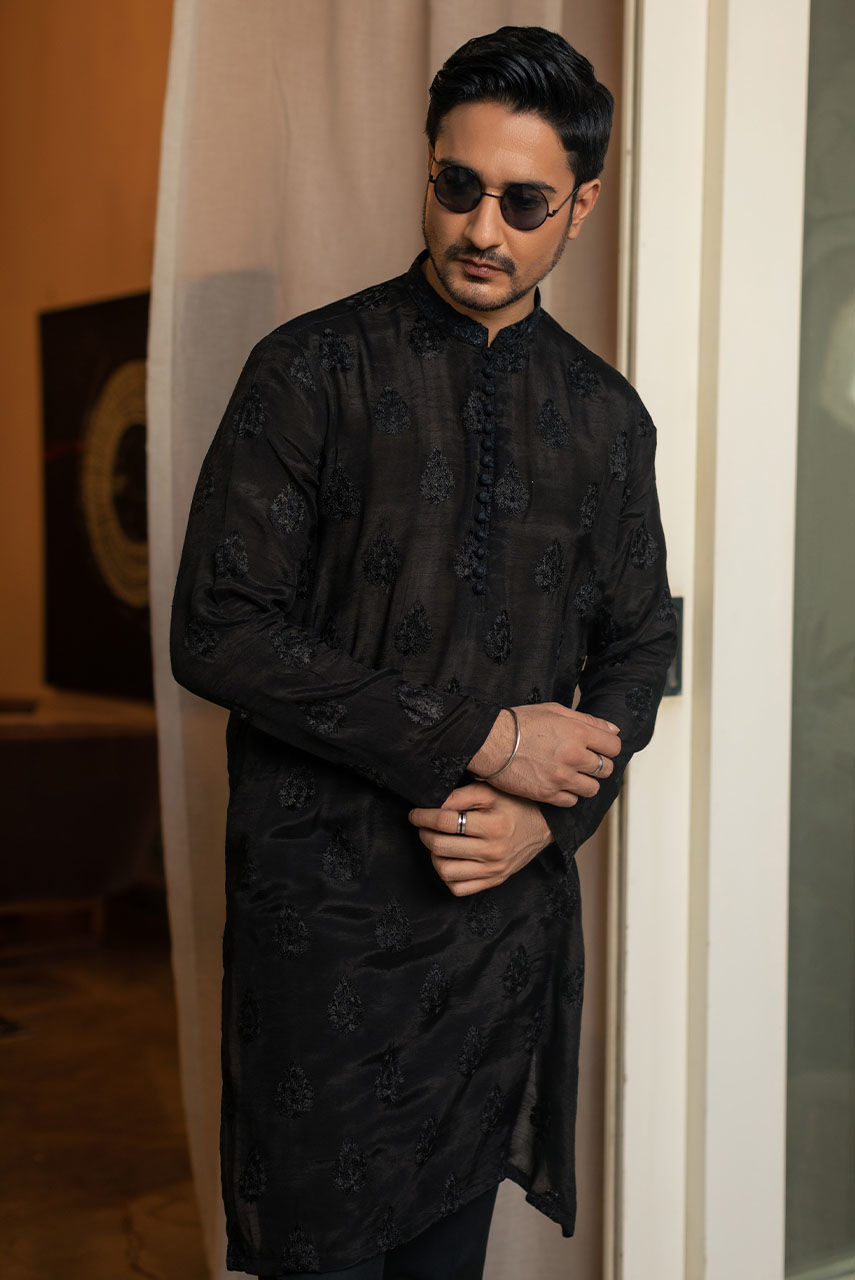 Black Gold Embroidered Raw Silk Prince Coat (3-Piece) - Image 5