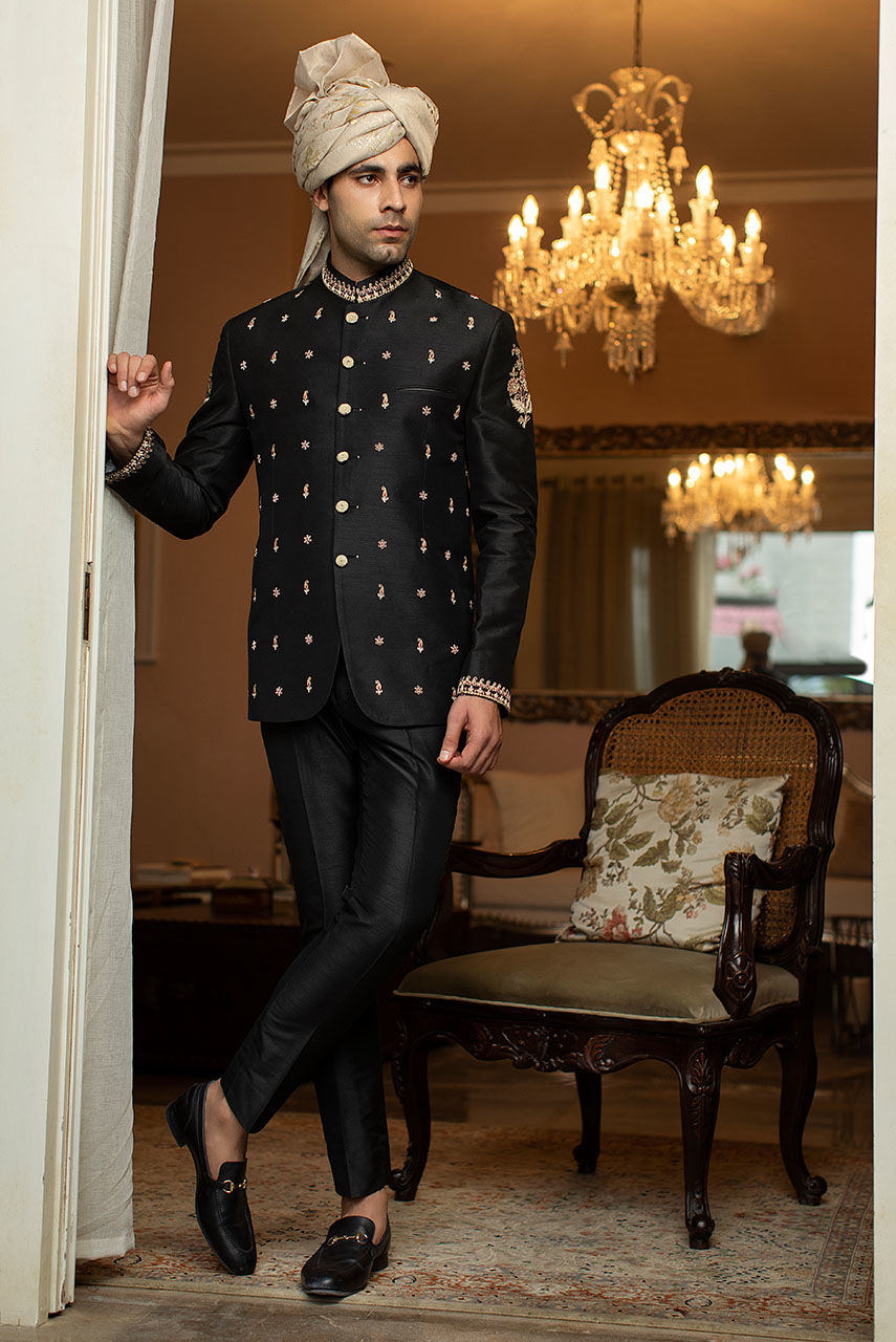 Black Hand Embroidered Raw Silk Prince Coat (2-Piece) - Image 1