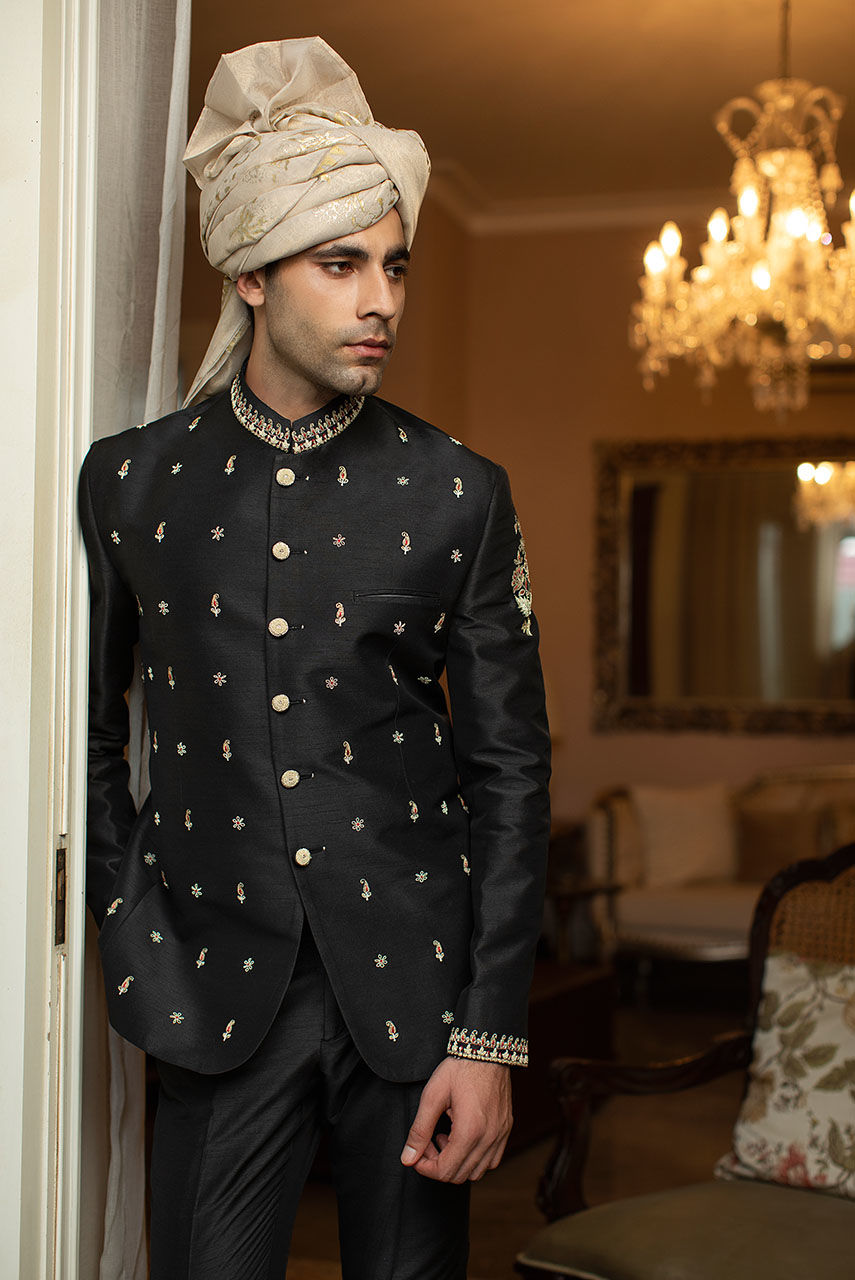 Black Hand Embroidered Raw Silk Prince Coat (2-Piece) - Image 2