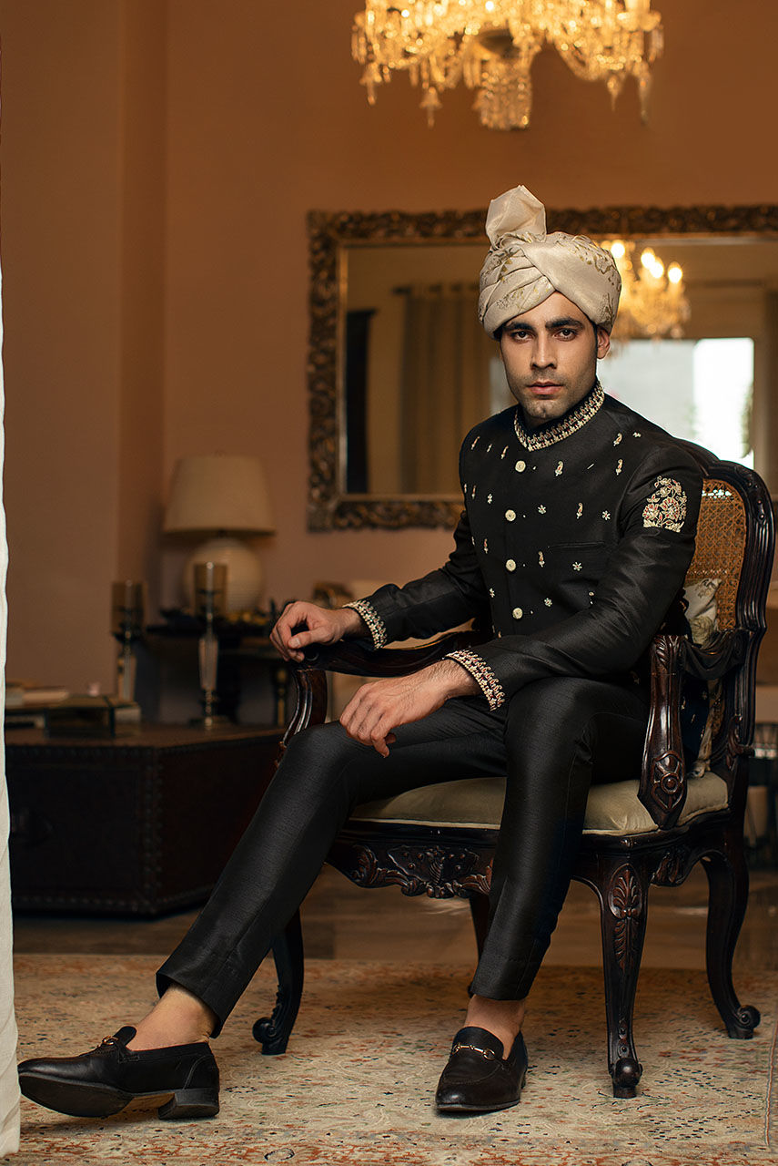 Black Hand Embroidered Raw Silk Prince Coat (2-Piece) - Image 3