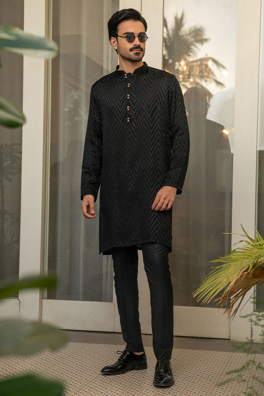Black Embroidered Raw Silk Prince Coat (3-Piece) - Image 3
