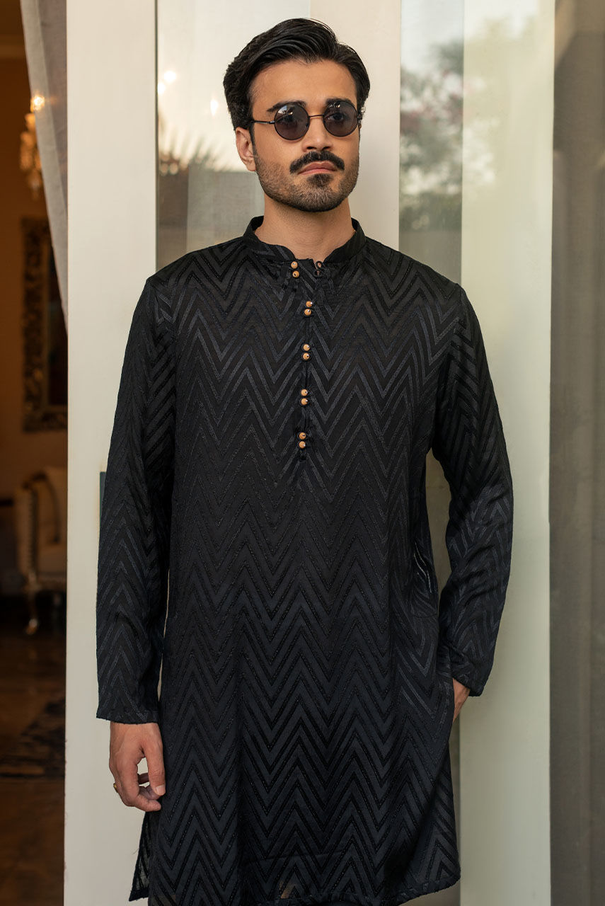 Black Embroidered Raw Silk Prince Coat (3-Piece) - Image 4