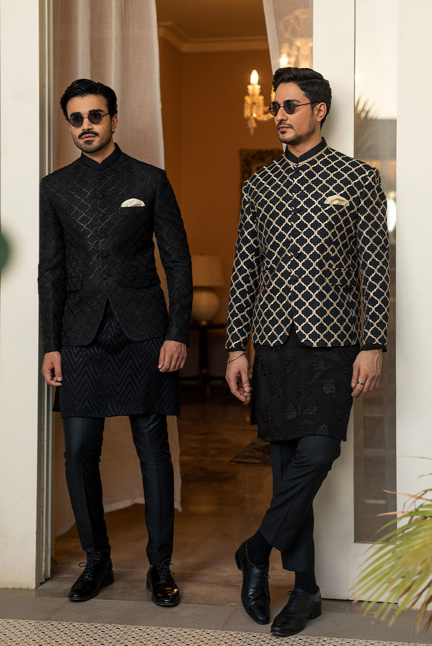 Black Embroidered Raw Silk Prince Coat (3-Piece) - Image 5