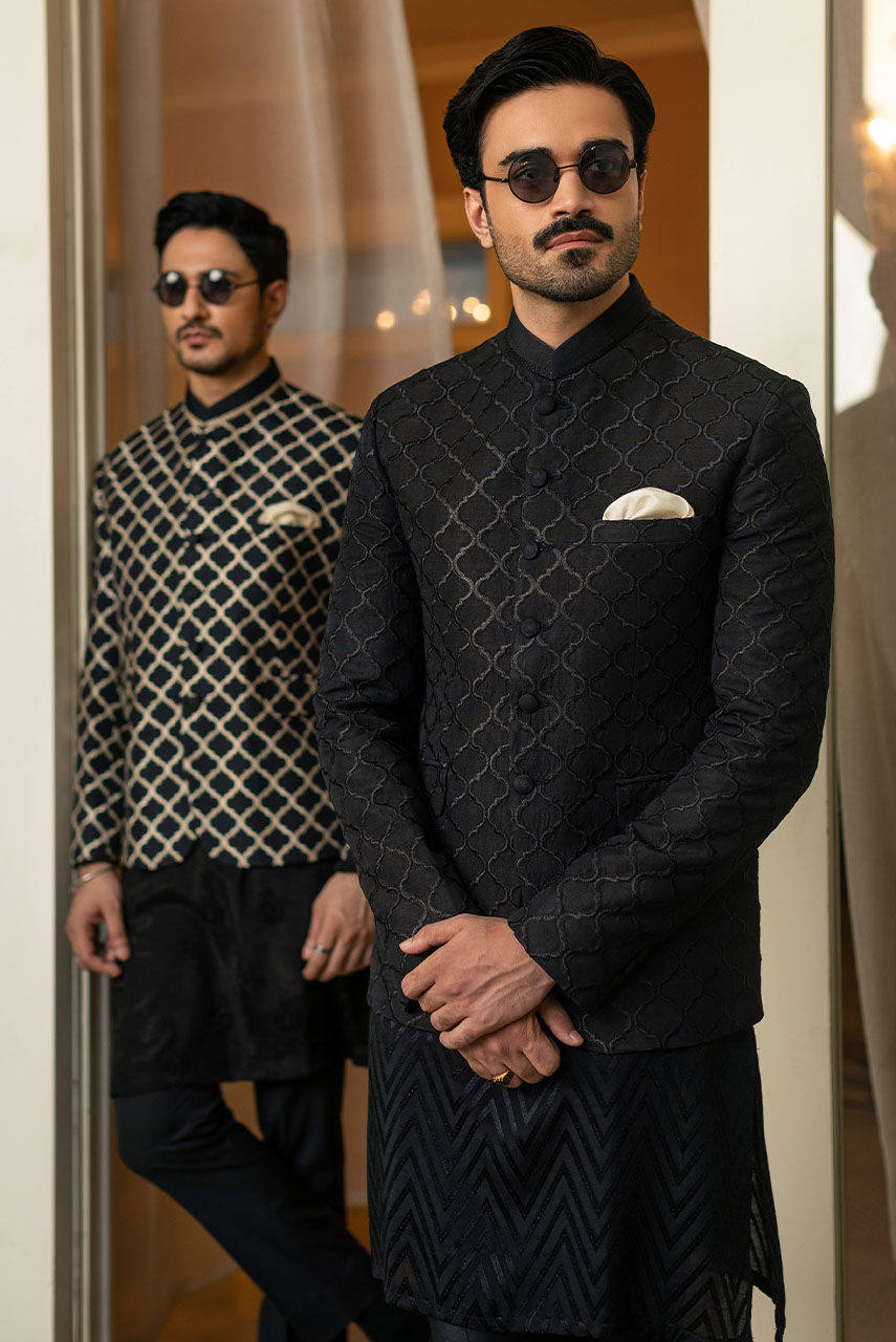 Black Embroidered Raw Silk Prince Coat (3-Piece) - Image 6