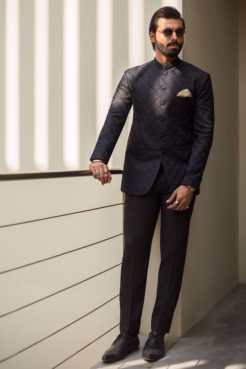 Black Moroccan Embroidered Raw Silk Prince Coat (2-Piece) - Image 1