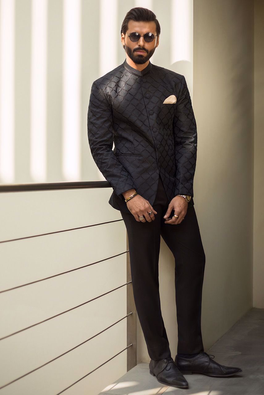 Black Moroccan Embroidered Raw Silk Prince Coat (2-Piece) - Image 2