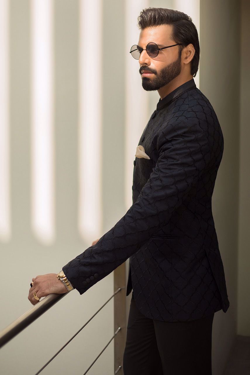 Black Moroccan Embroidered Raw Silk Prince Coat (2-Piece) - Image 3