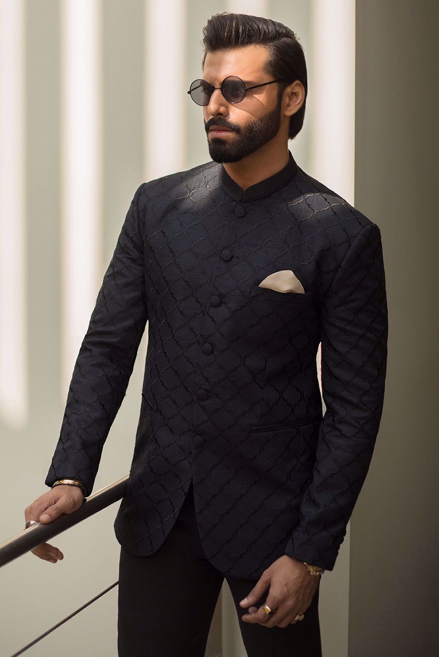 Black Moroccan Embroidered Raw Silk Prince Coat (2-Piece) - Image 4