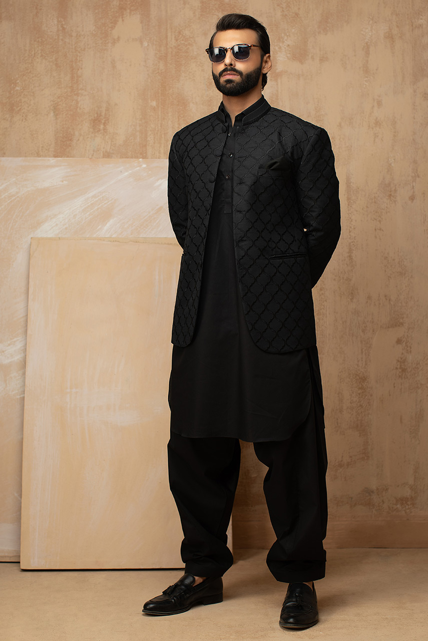 Black Moroccan Embroidered Raw Silk Prince Coat (3-Piece) - Image 1
