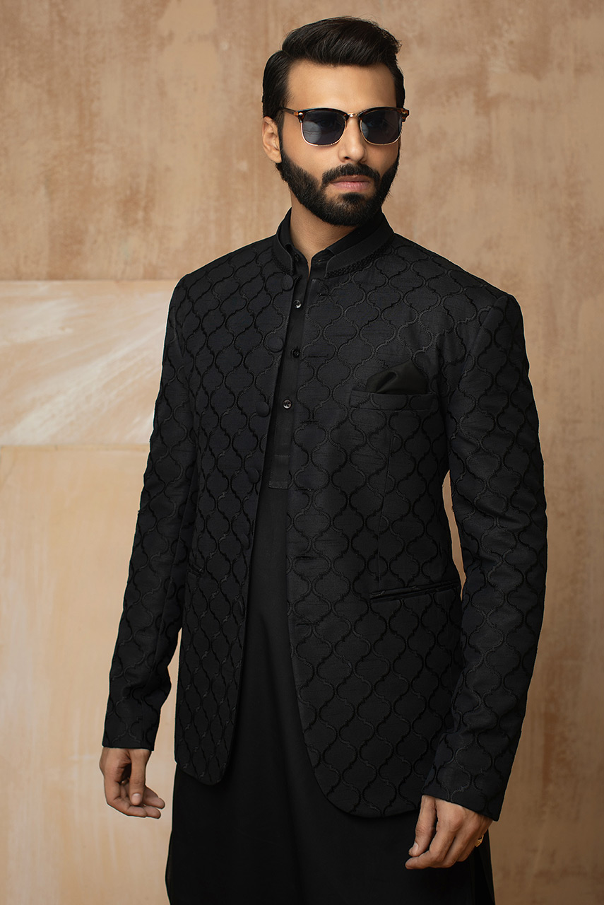 Black Moroccan Embroidered Raw Silk Prince Coat (3-Piece) - Image 2