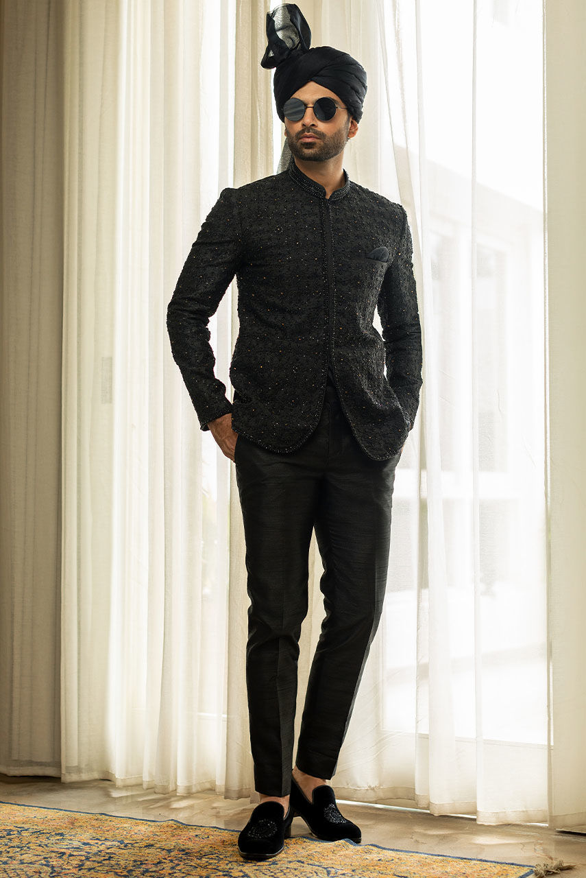 Black Embroidered Raw Silk Prince Coat (2-Piece) - Image 1