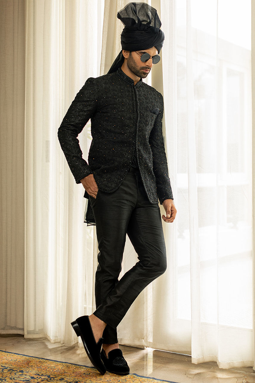 Black Embroidered Raw Silk Prince Coat (2-Piece) - Image 2