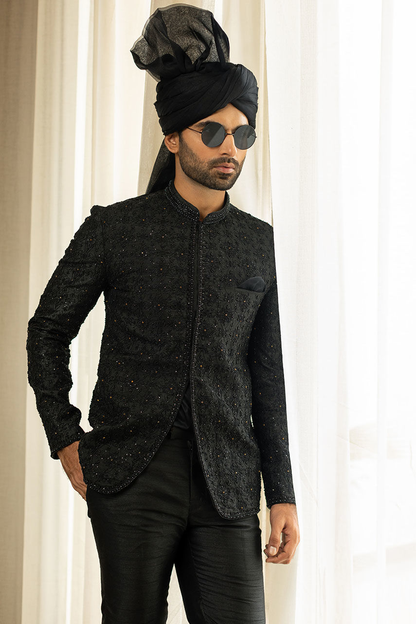 Black Embroidered Raw Silk Prince Coat (2-Piece) - Image 3