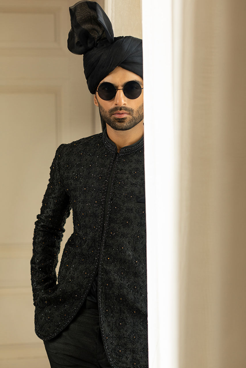 Black Embroidered Raw Silk Prince Coat (2-Piece) - Image 4