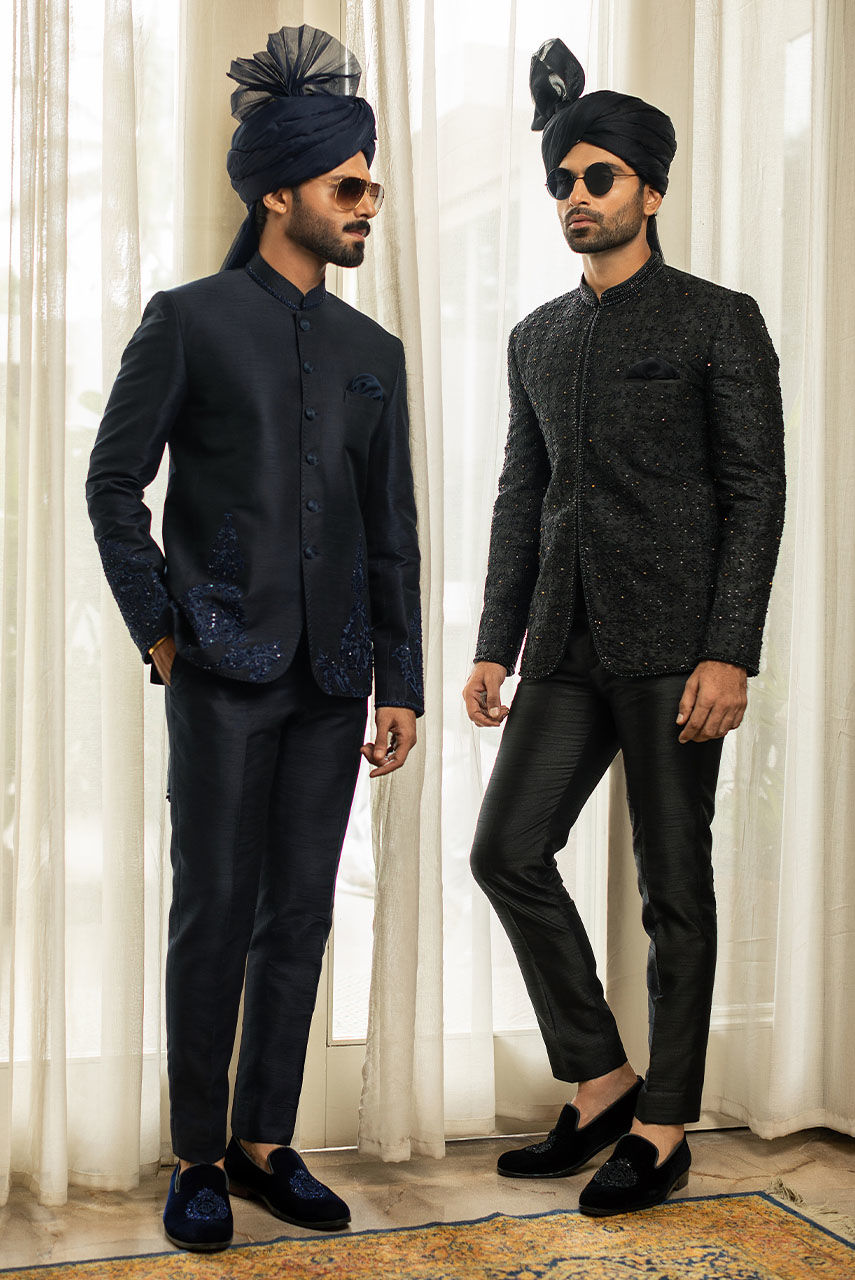 Black Embroidered Raw Silk Prince Coat (2-Piece) - Image 5