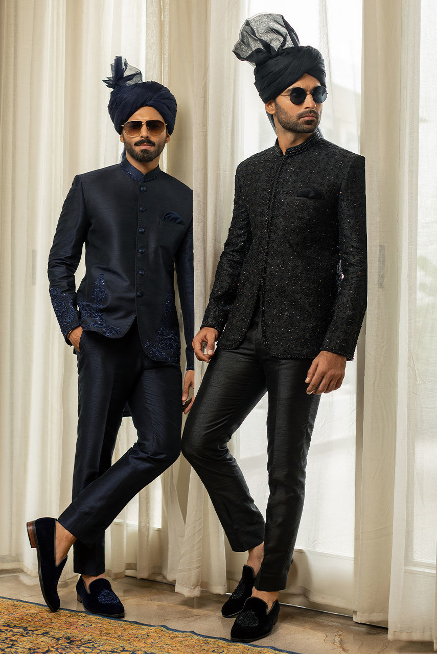 Black Embroidered Raw Silk Prince Coat (2-Piece) - Image 6