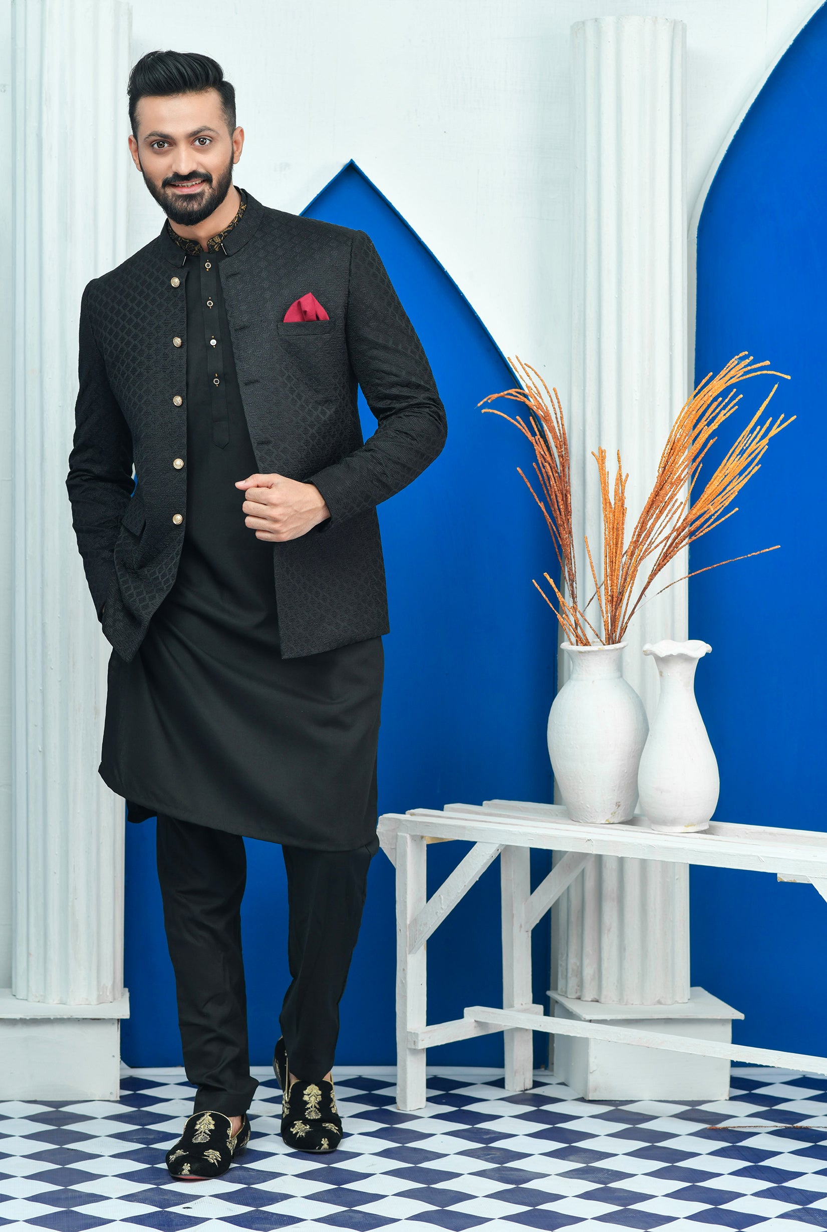 Black Embroidered Raw Silk Prince Coat (1-Pc) - Image 1