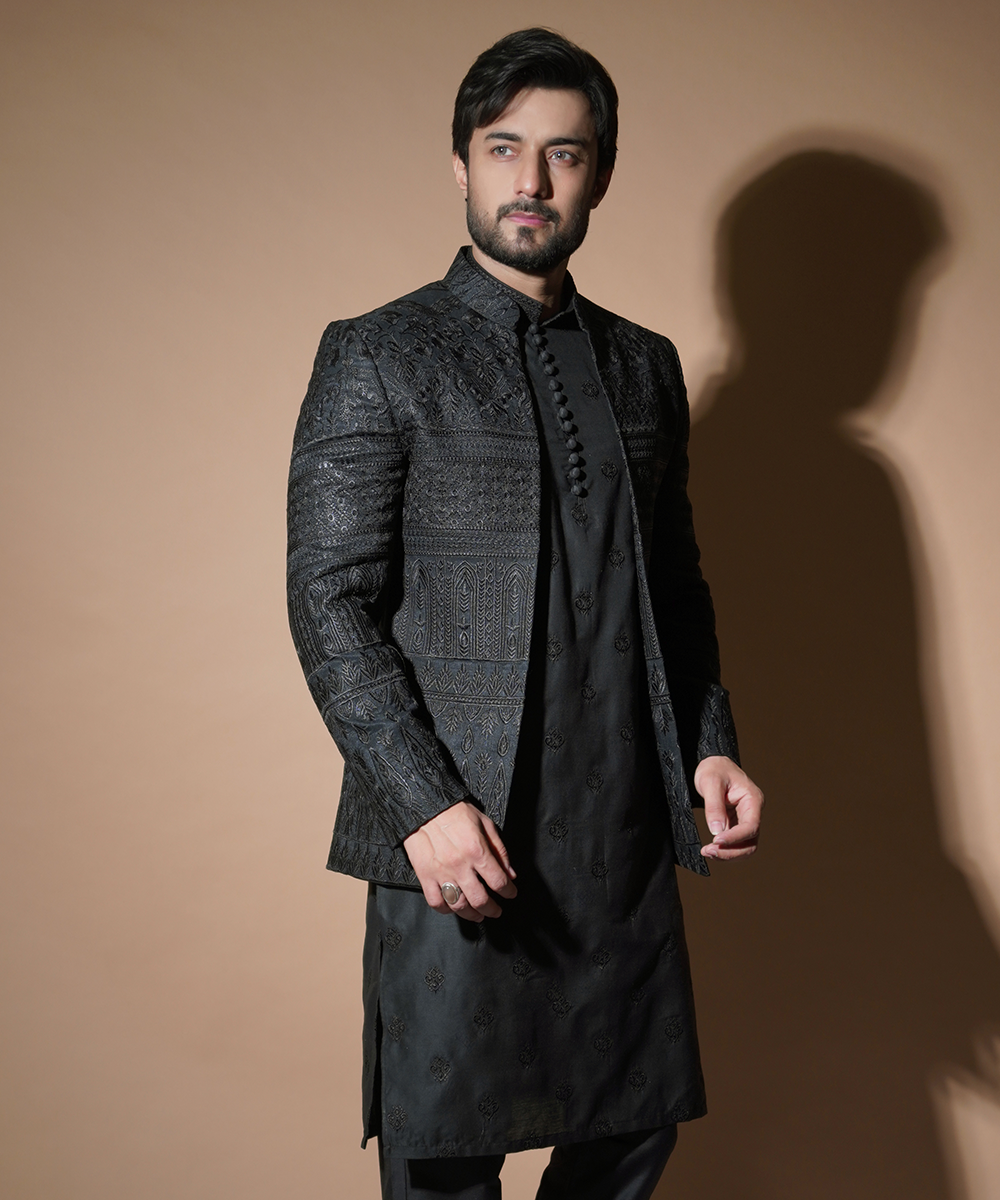Black Resham Embroidered Raw Silk Prince Coat (3-Piece) - Image 1