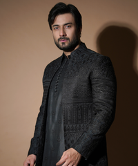 Black Resham Embroidered Raw Silk Prince Coat (3-Piece) - Image 3