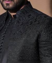 Black Resham Embroidered Raw Silk Prince Coat (3-Piece) - Image 5