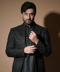 Black Resham Embroidered Raw Silk Prince Coat (3-Piece) - Image 6