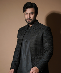 Black Resham Embroidered Raw Silk Prince Coat (3-Piece) - Image 7