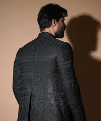 Black Resham Embroidered Raw Silk Prince Coat (3-Piece) - Image 8