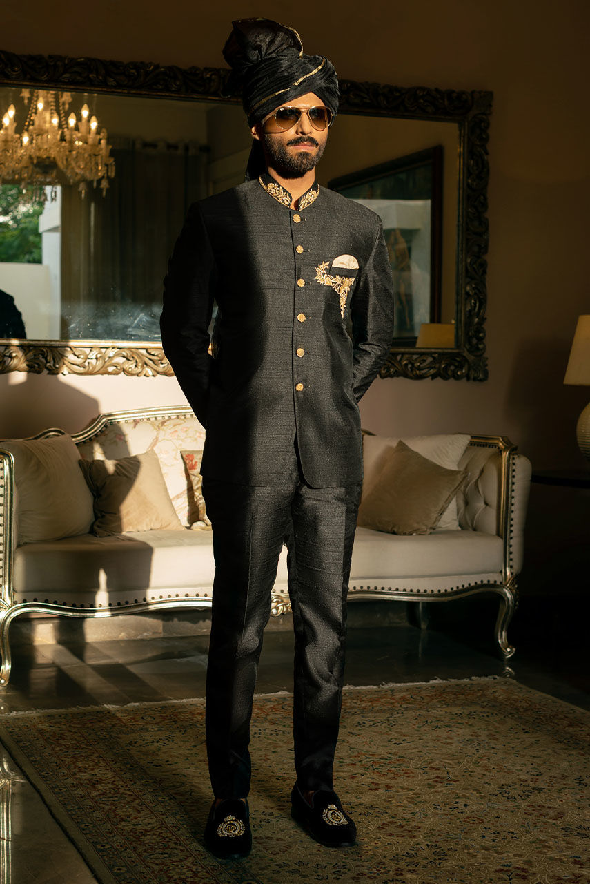 Black Resham Embroidered Raw Silk Prince Coat (1-Pc) - Image 1