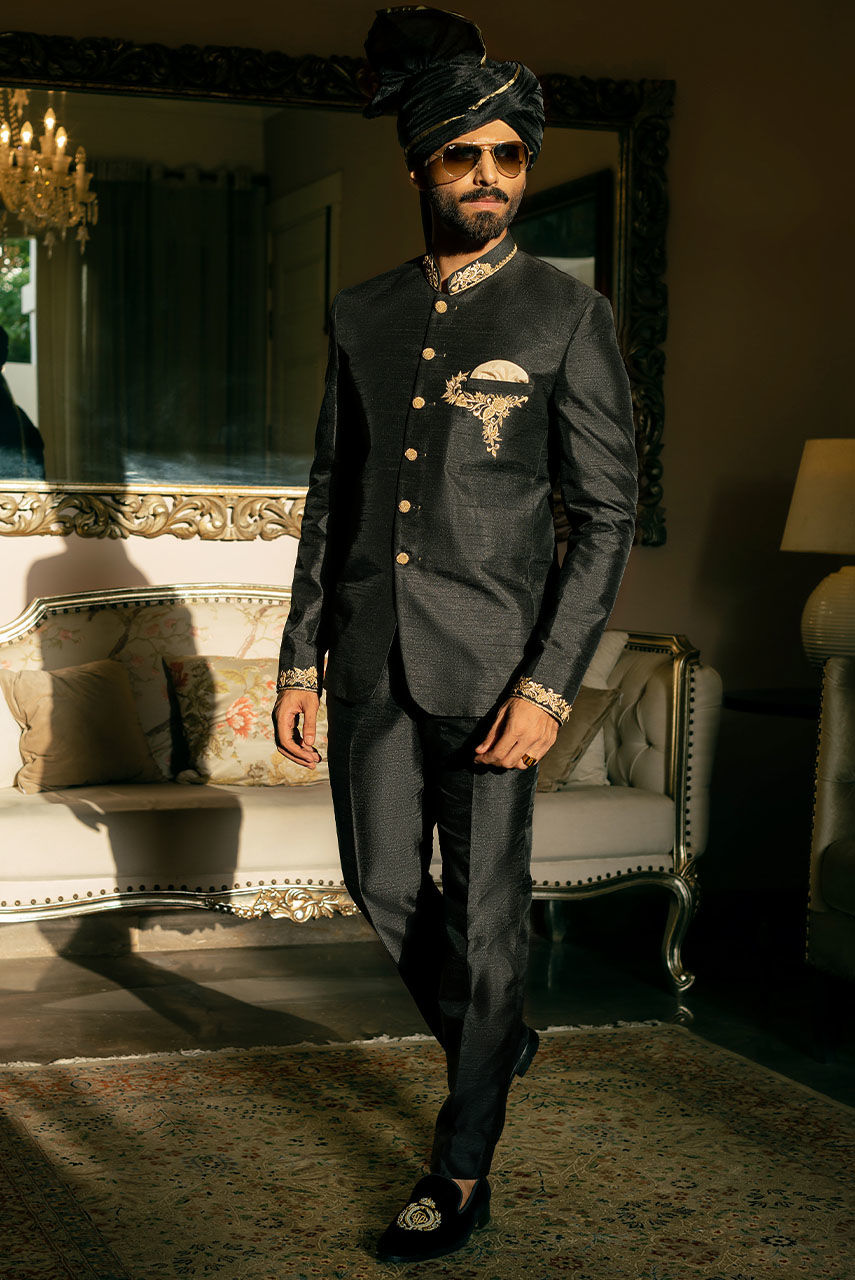 Black Resham Embroidered Raw Silk Prince Coat (1-Pc) - Image 2