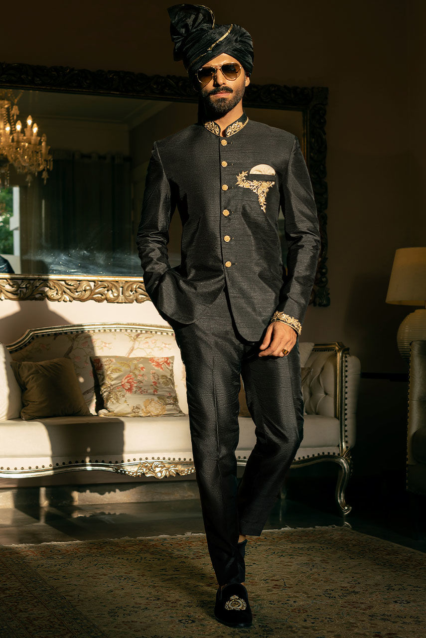 Black Resham Embroidered Raw Silk Prince Coat (1-Pc) - Image 3
