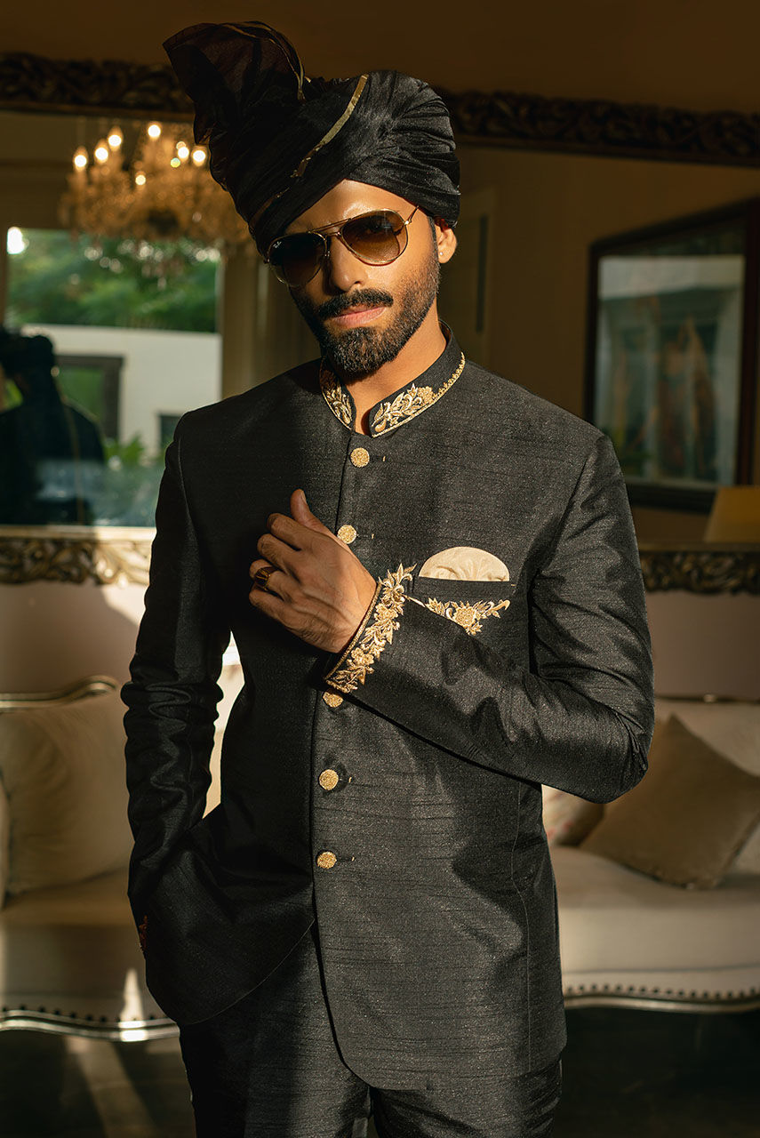 Black Resham Embroidered Raw Silk Prince Coat (1-Pc) - Image 4