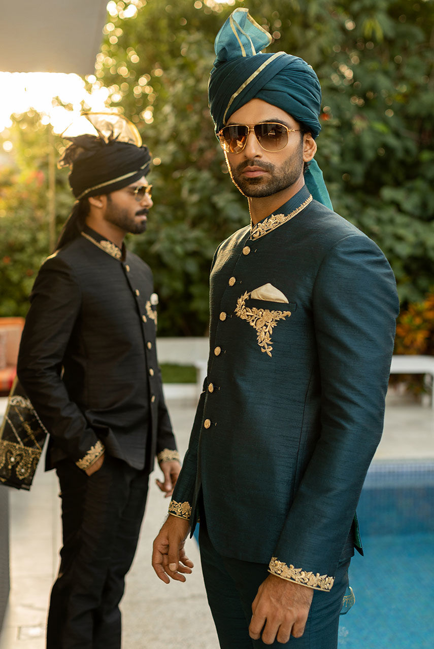 Black Resham Embroidered Raw Silk Prince Coat (1-Pc) - Image 5