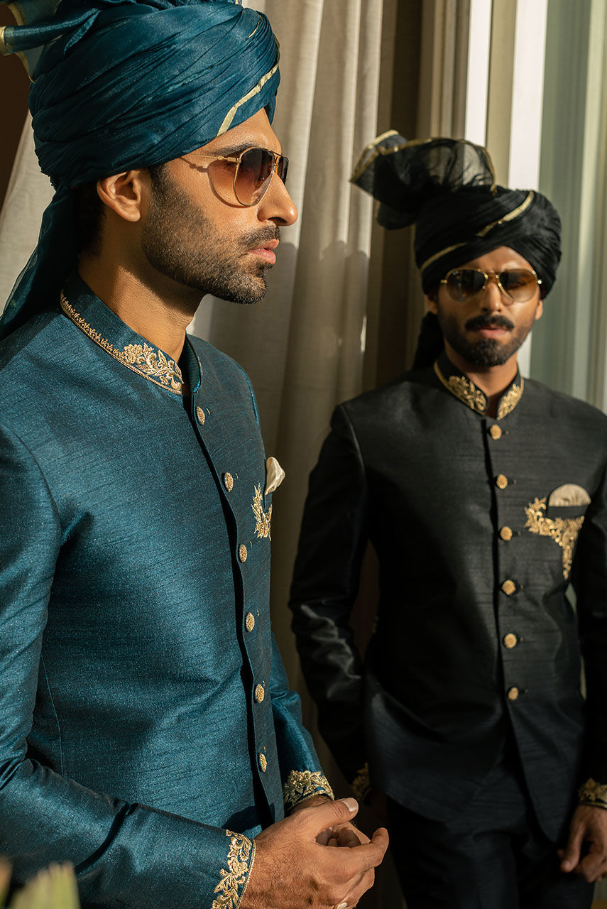 Black Resham Embroidered Raw Silk Prince Coat (1-Pc) - Image 6