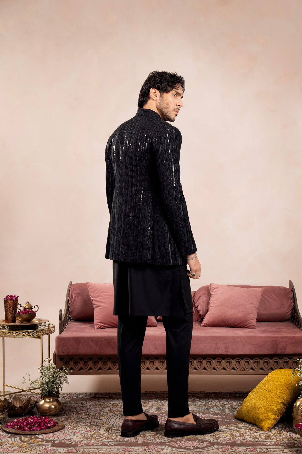 Black Sequin Embroidered Raw Silk Prince Coat (3-Piece) - Image 4